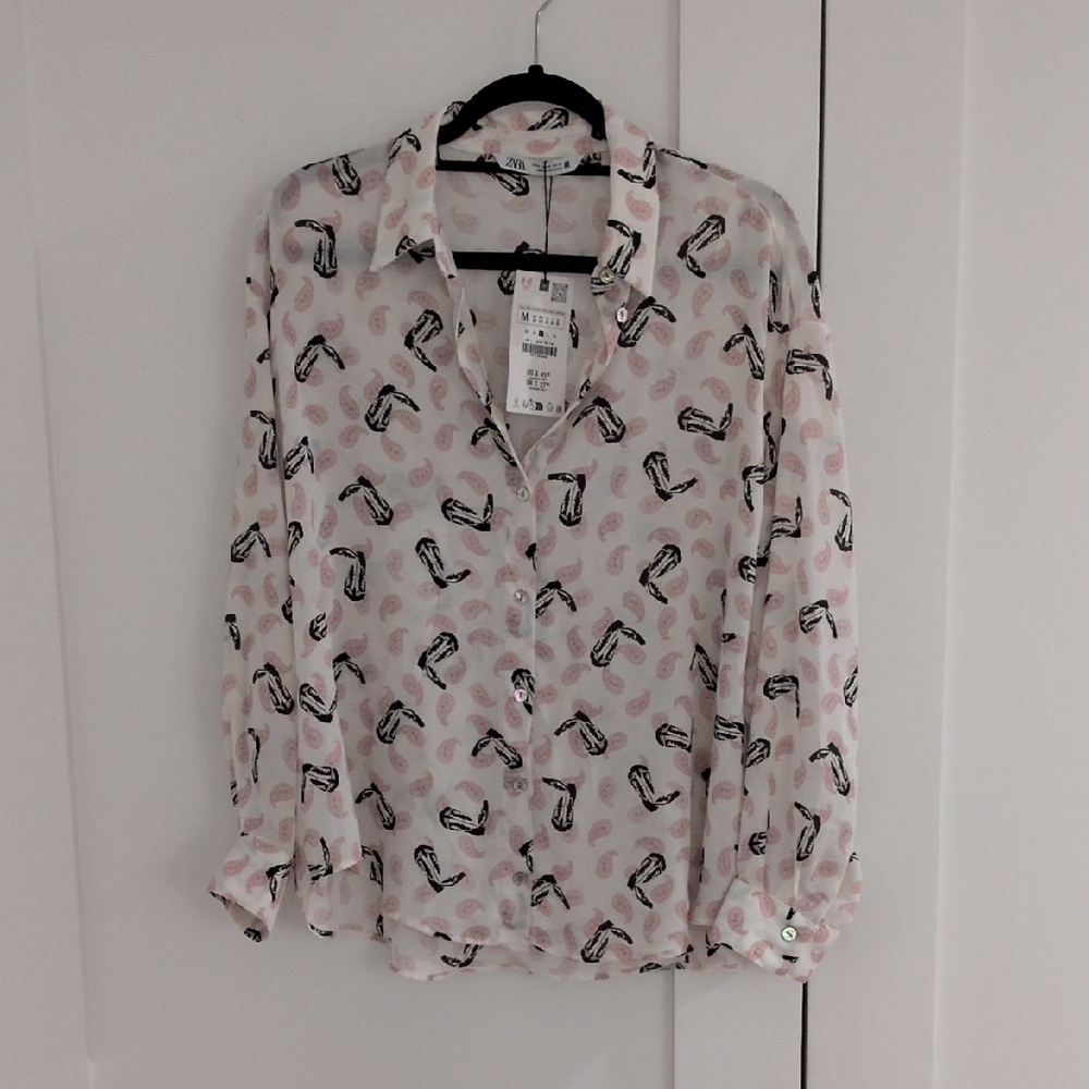 Zara White and Black Button Down Shirt